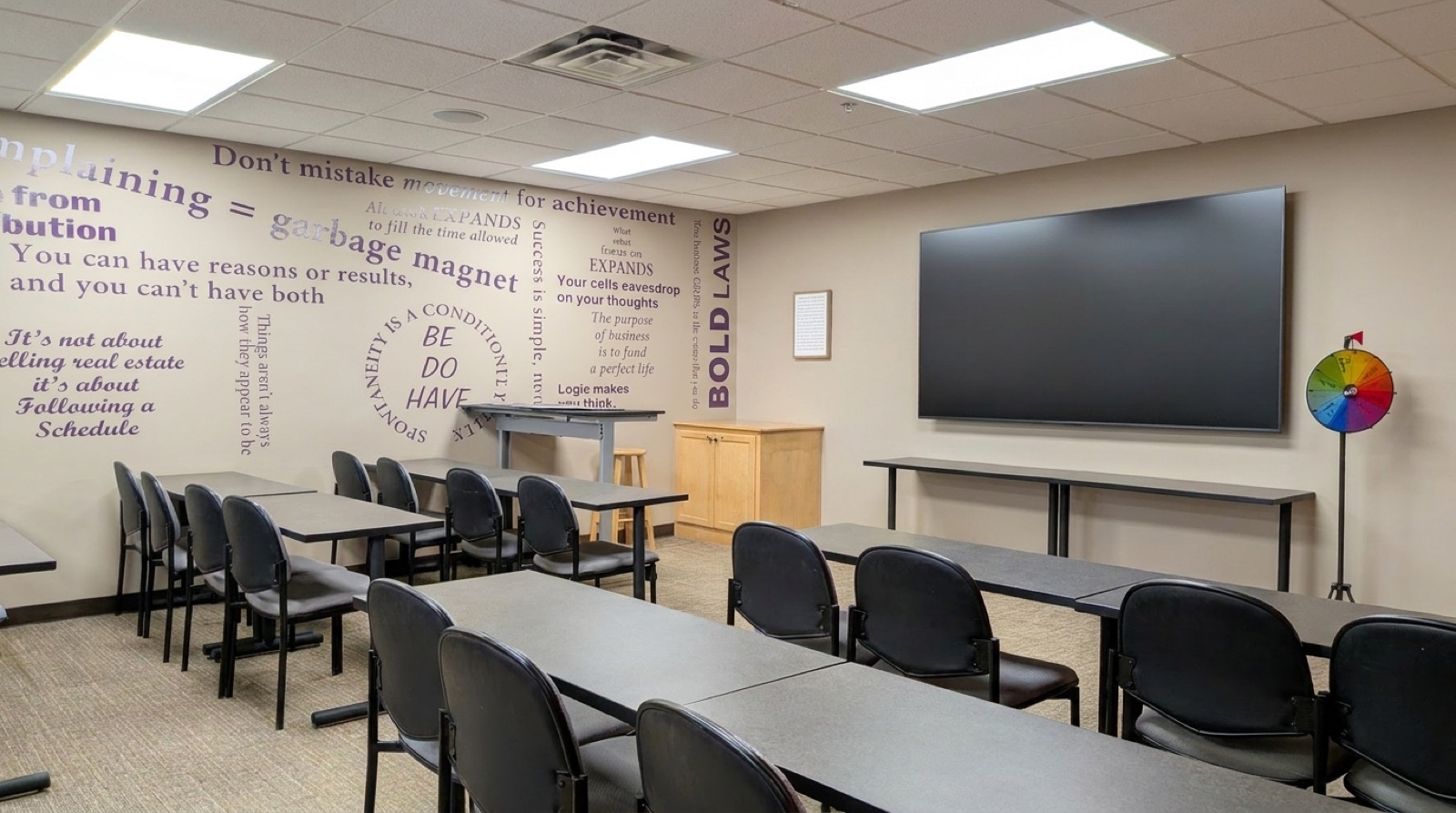 The KWCR training room with the belief-system wall